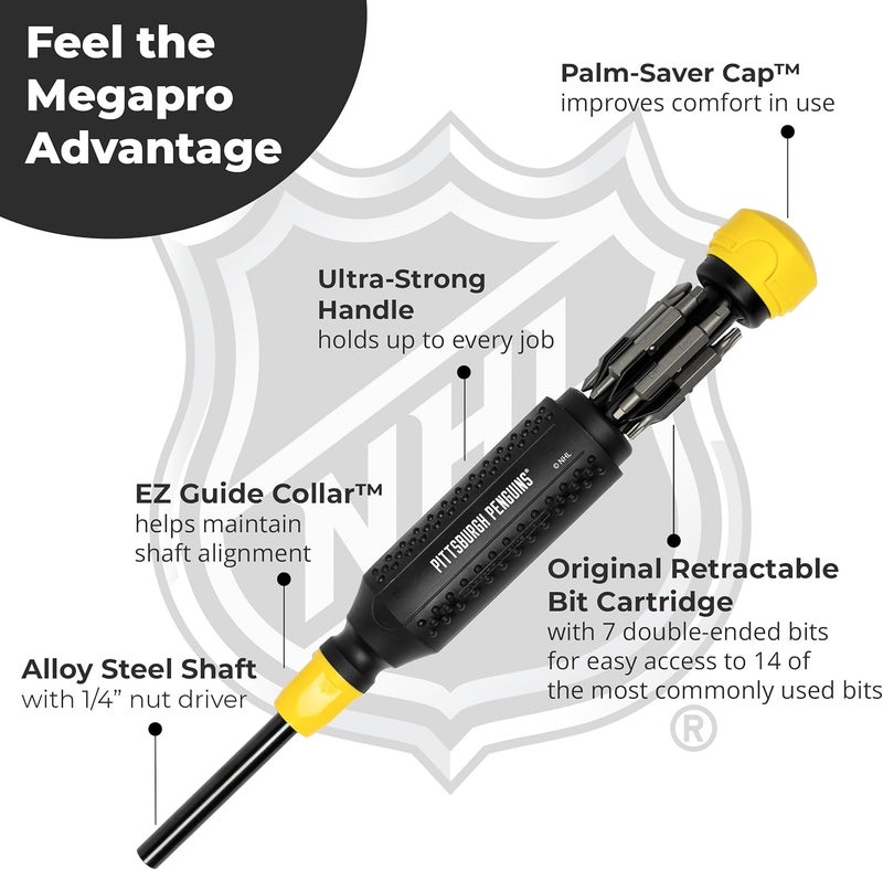 Megapro ® NHL® Team Edition Multi-bit Screwdriver | Officially Licensed NHL® Gear | Durable, Ergonomic, Pro-Grade Screwdriver (Pittsburg Penguins®) - Image 4